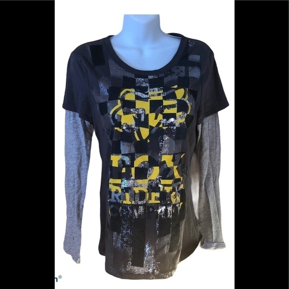 VTG FOX LS Graphic Logo Tee Gray/Gold Scoop Neck M Casual Layered Look - Picture 1 of 5